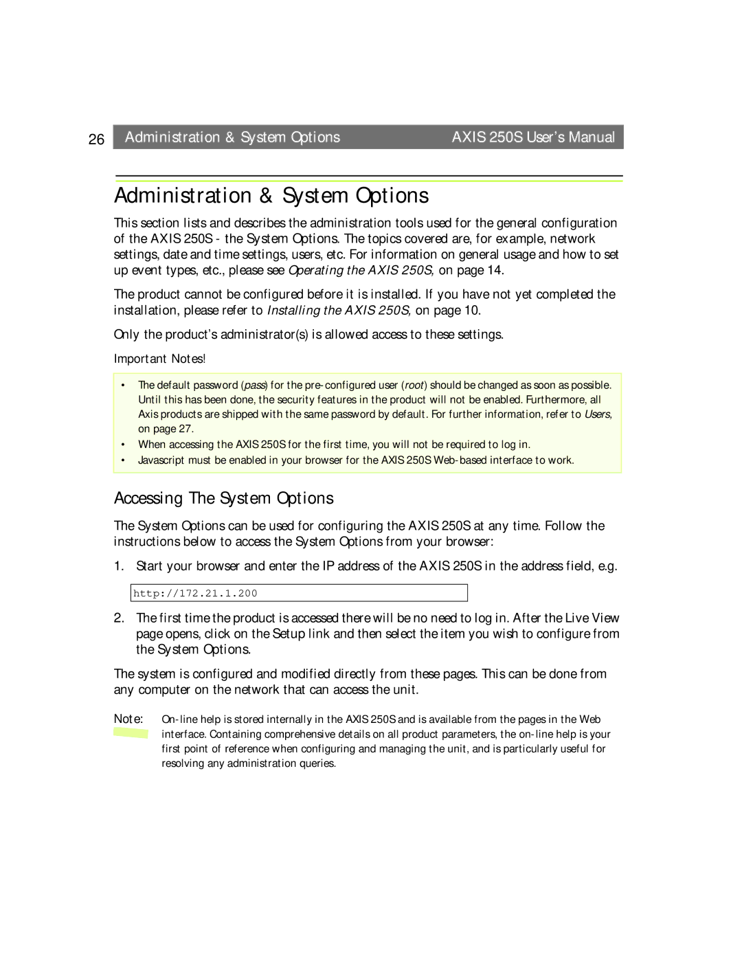 Axis Communications 250S user manual Administration & System Options, Accessing The System Options 