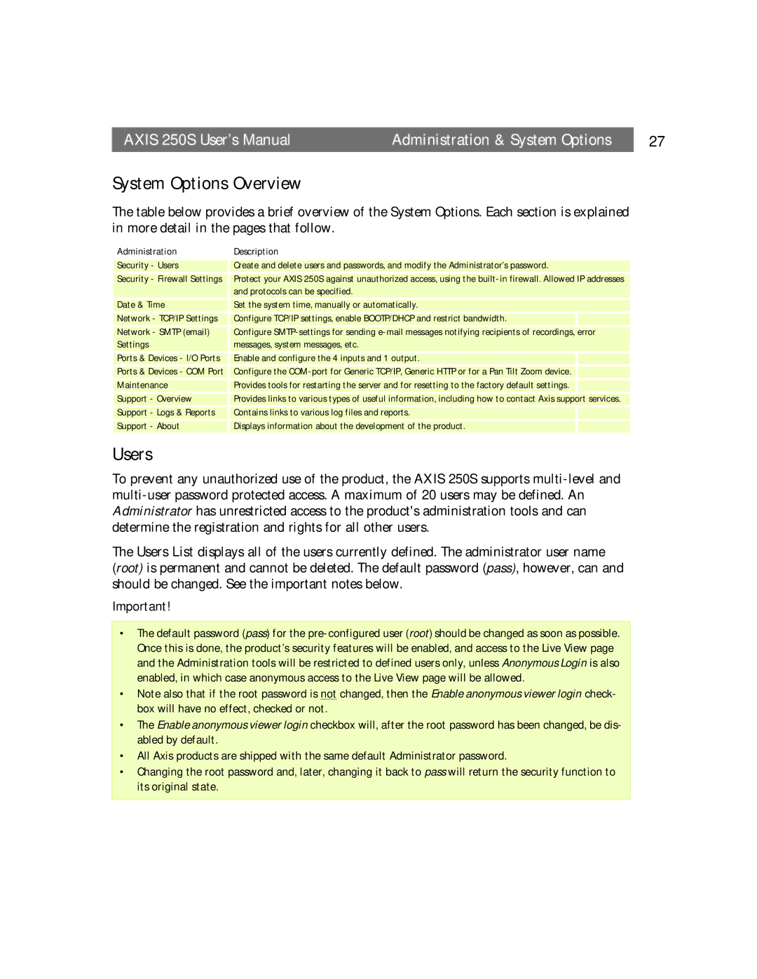 Axis Communications 250S user manual System Options Overview, Users, Administration Description 