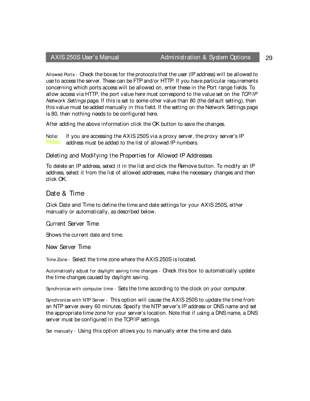 Axis Communications 250S user manual Date & Time, Current Server Time, New Server Time 