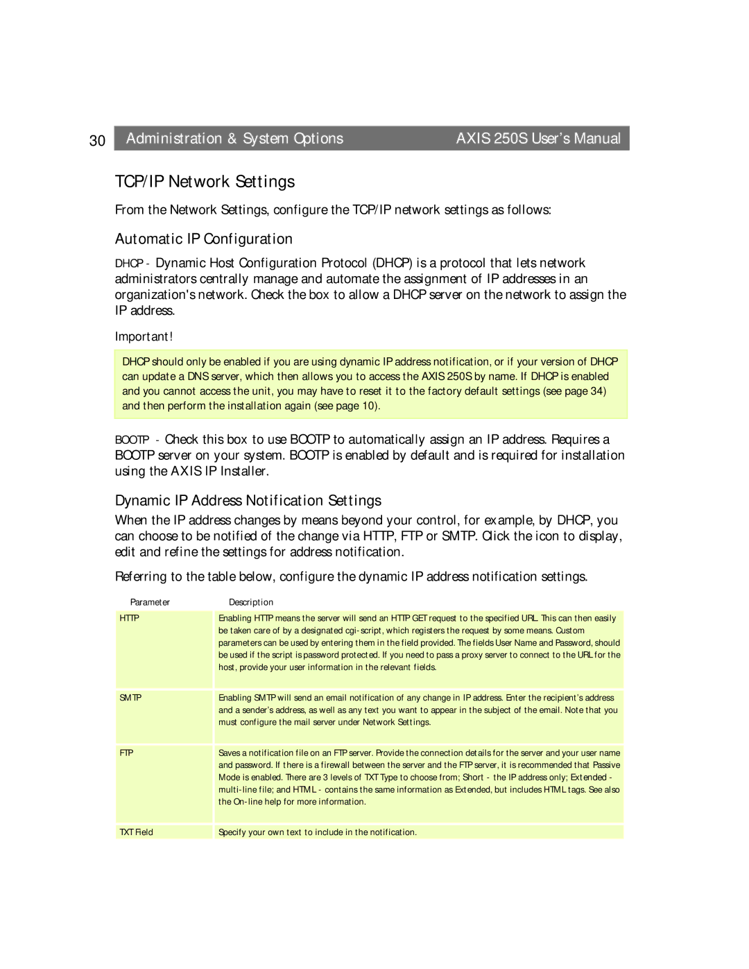 Axis Communications 250S TCP/IP Network Settings, Automatic IP Configuration, Dynamic IP Address Notification Settings 