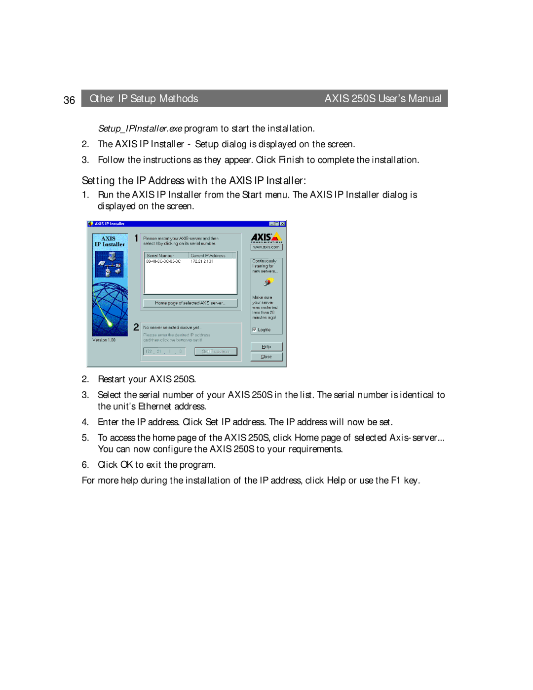 Axis Communications 250S user manual Setting the IP Address with the Axis IP Installer 