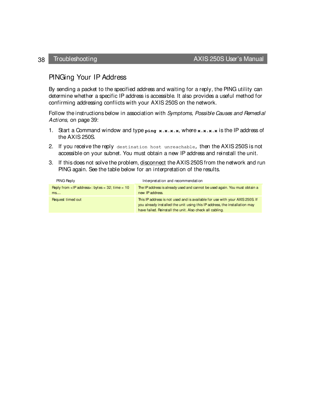 Axis Communications 250S user manual PINGing Your IP Address, Ping Reply Interpretation and recommendation 