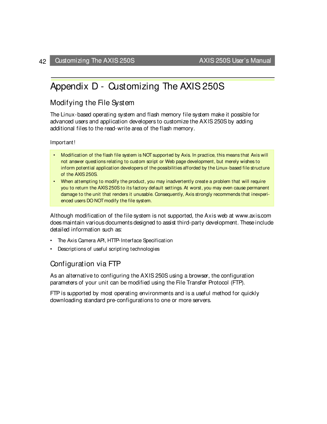 Axis Communications user manual Appendix D Customizing The Axis 250S, Modifying the File System, Configuration via FTP 