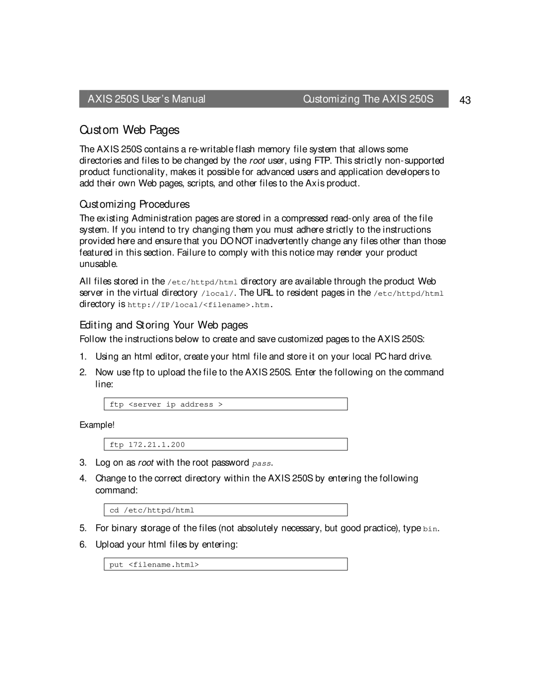 Axis Communications 250S user manual Custom Web Pages, Customizing Procedures, Editing and Storing Your Web pages 