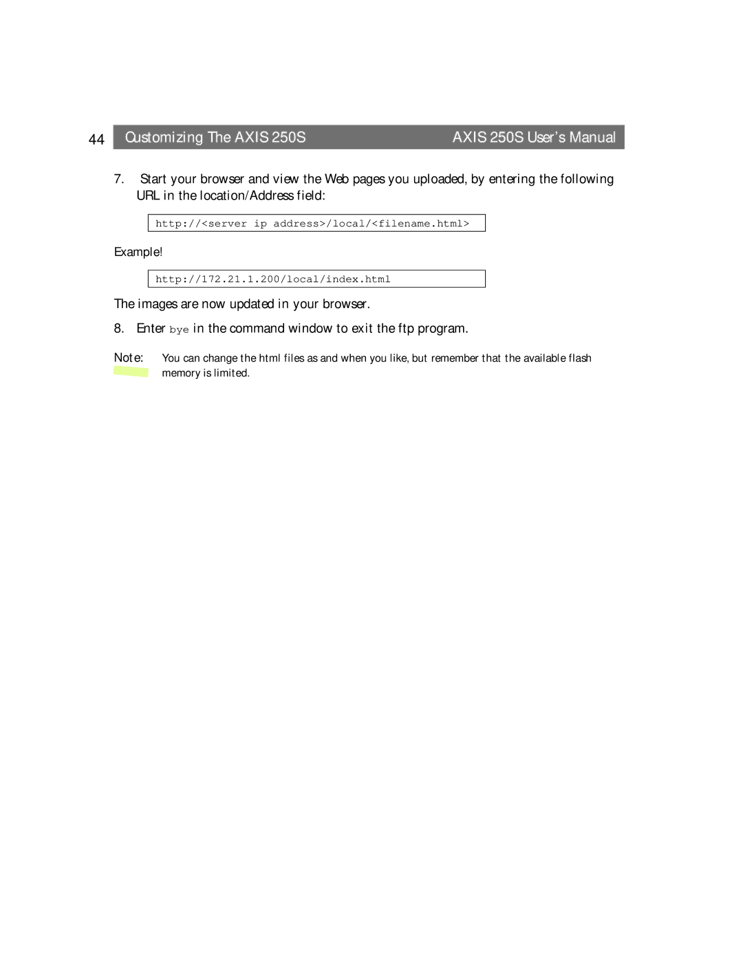 Axis Communications 250S user manual Http//server ip address/local/filename.html 