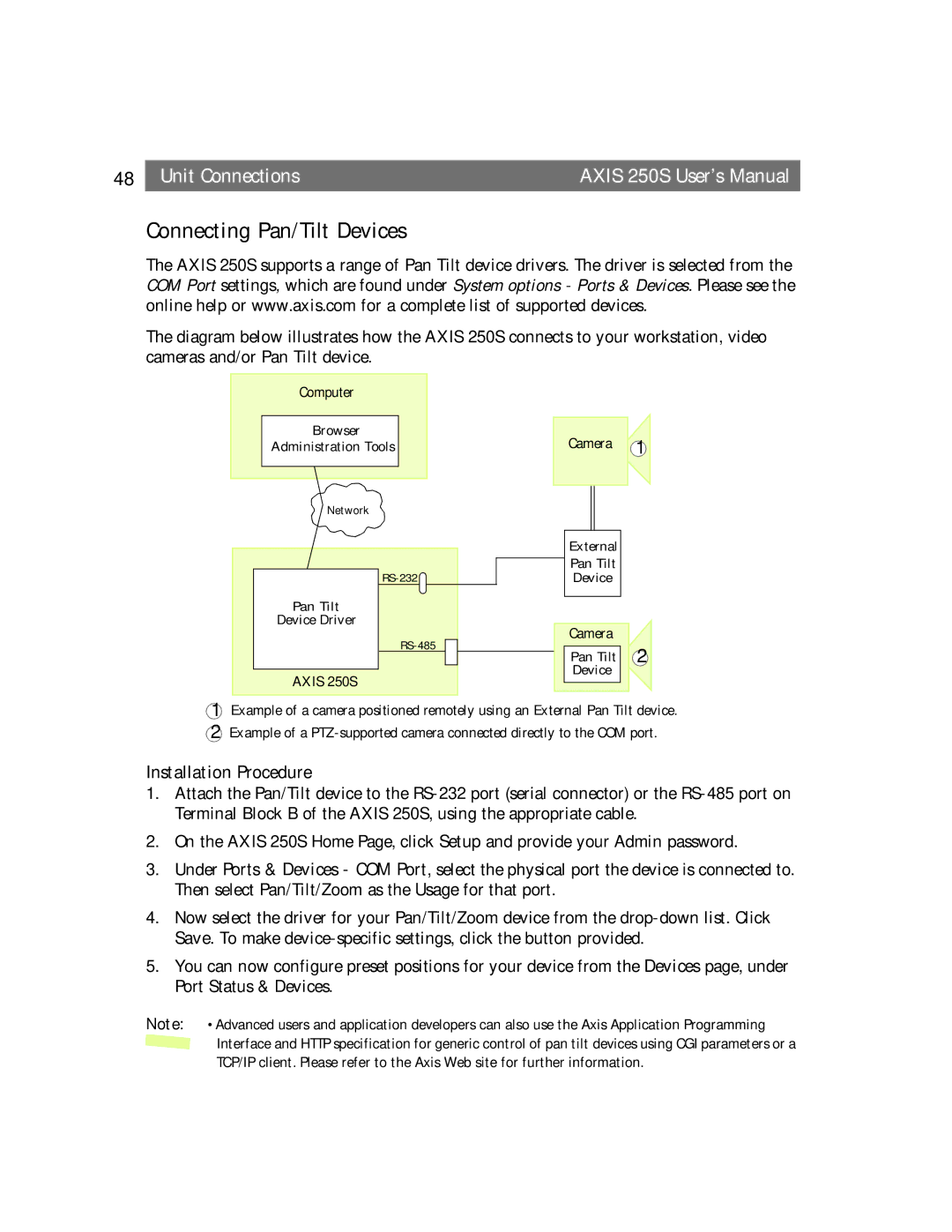 Axis Communications 250S user manual Connecting Pan/Tilt Devices, Browser Administration Tools, Pan Tilt Device Driver 