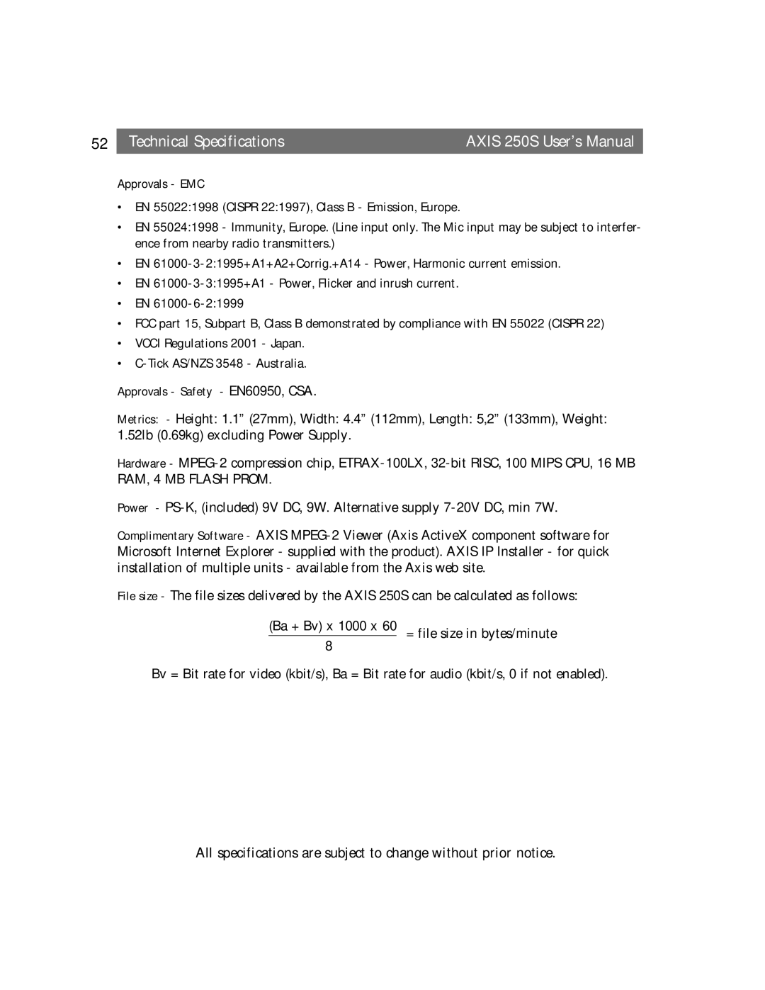 Axis Communications 250S user manual Approvals EMC 