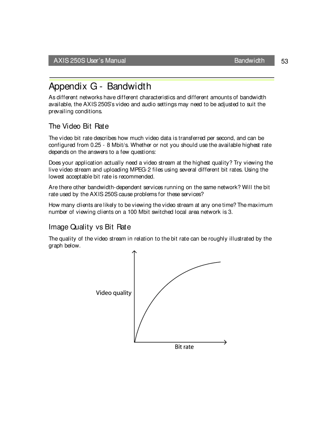 Axis Communications 250S user manual Appendix G Bandwidth, Video Bit Rate, Image Quality vs Bit Rate 