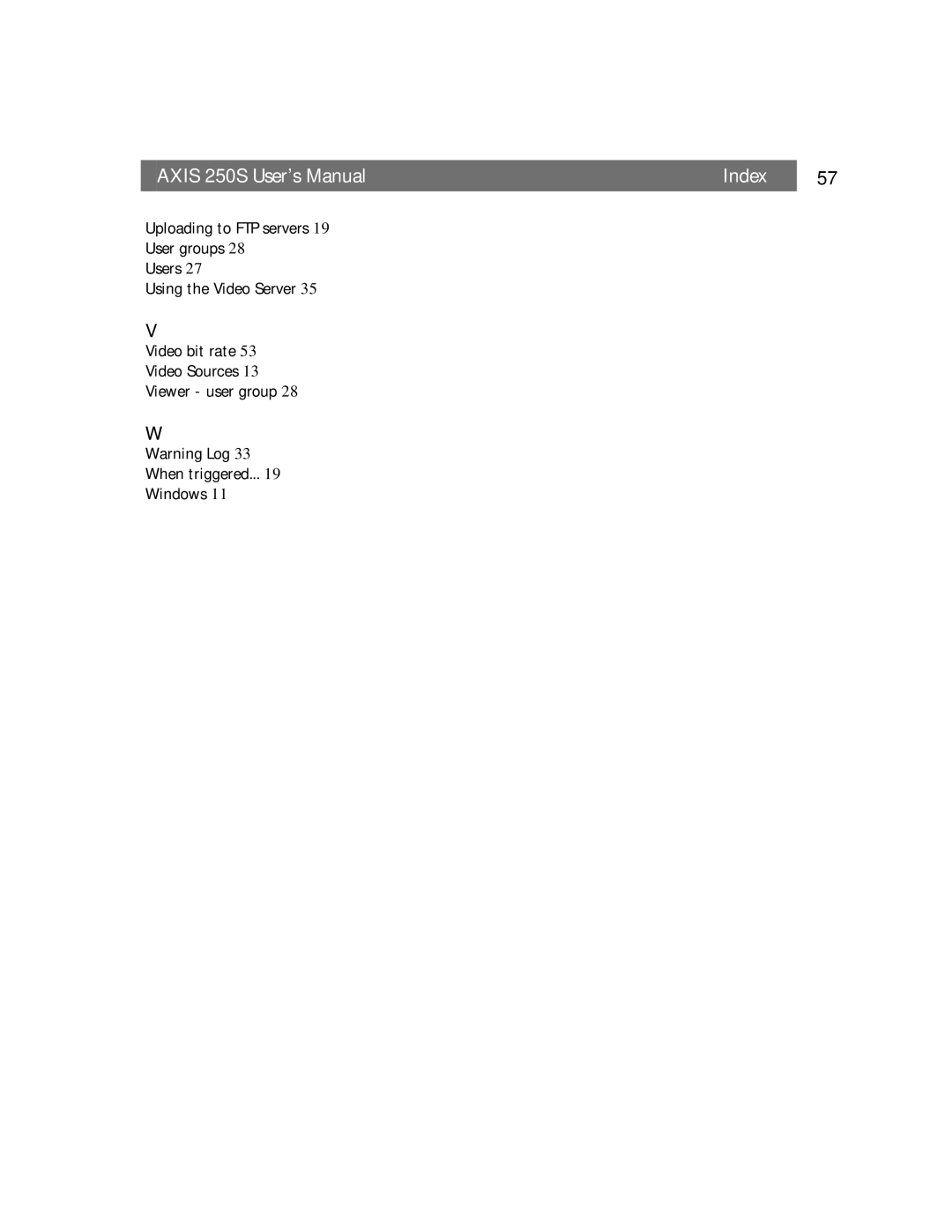 Axis Communications user manual Axis 250S User’s Manual Index 