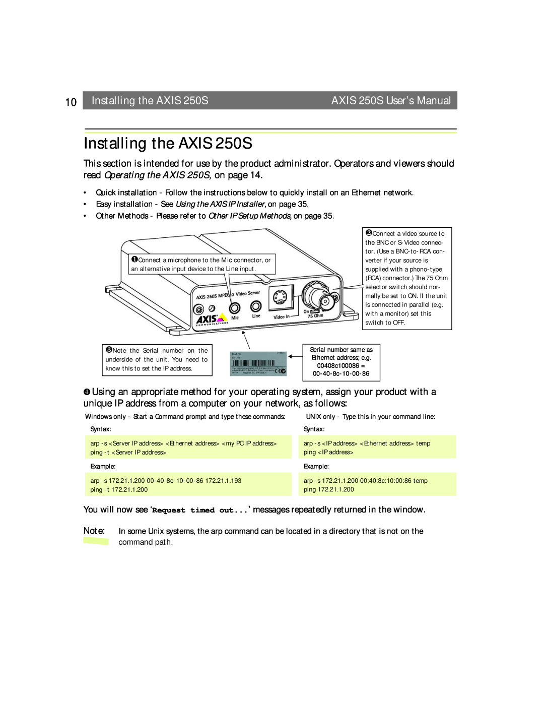 Axis Communications user manual Installing the AXIS 250S, AXIS 250S User’s Manual 