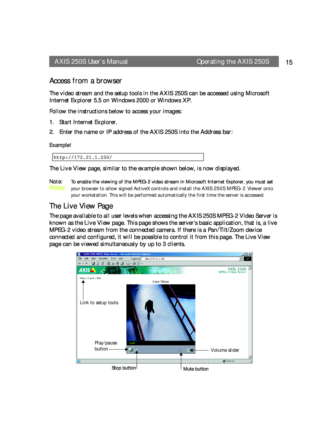 Axis Communications user manual Access from a browser, The Live View Page, Example, AXIS 250S User’s Manual 