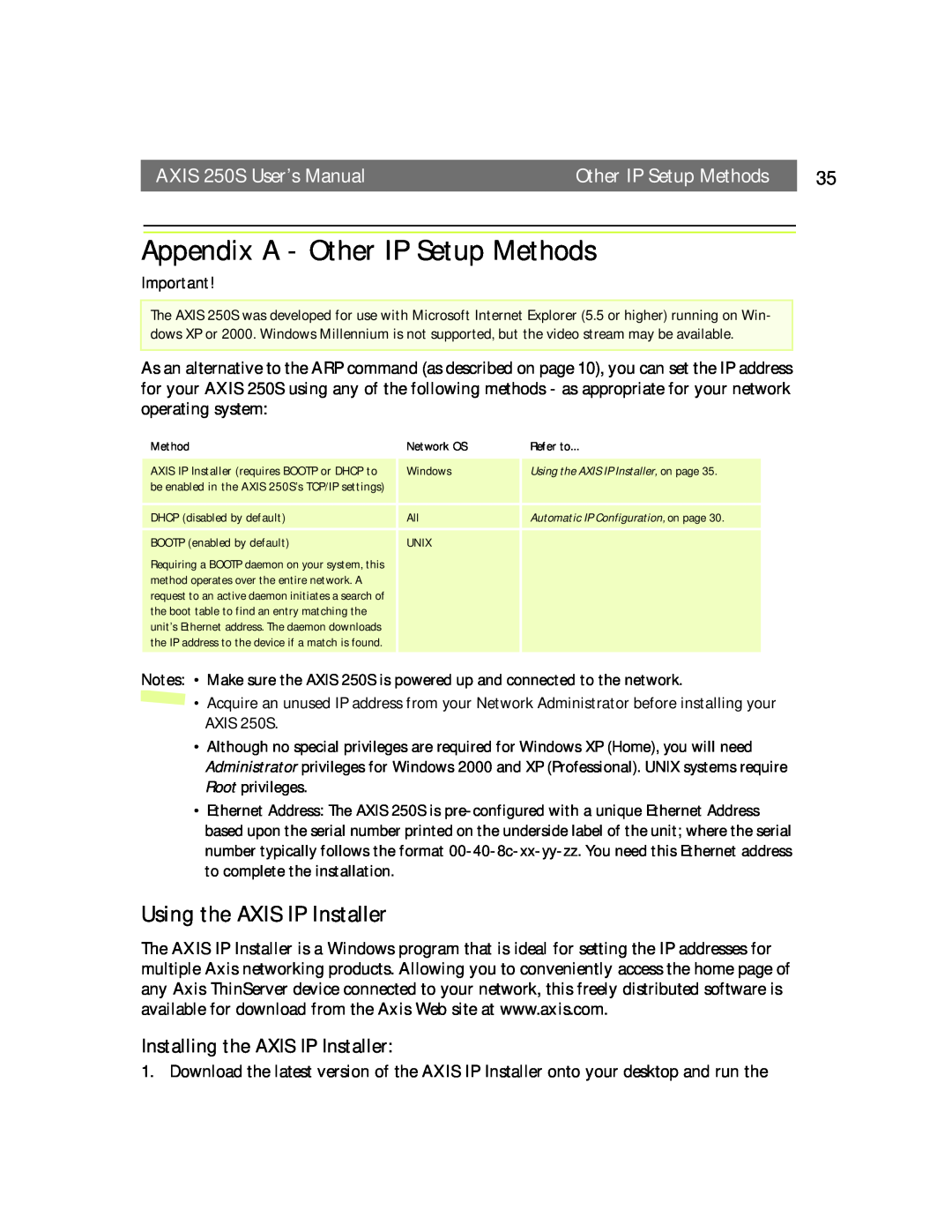 Axis Communications Appendix A - Other IP Setup Methods, Using the AXIS IP Installer, AXIS 250S User’s Manual 