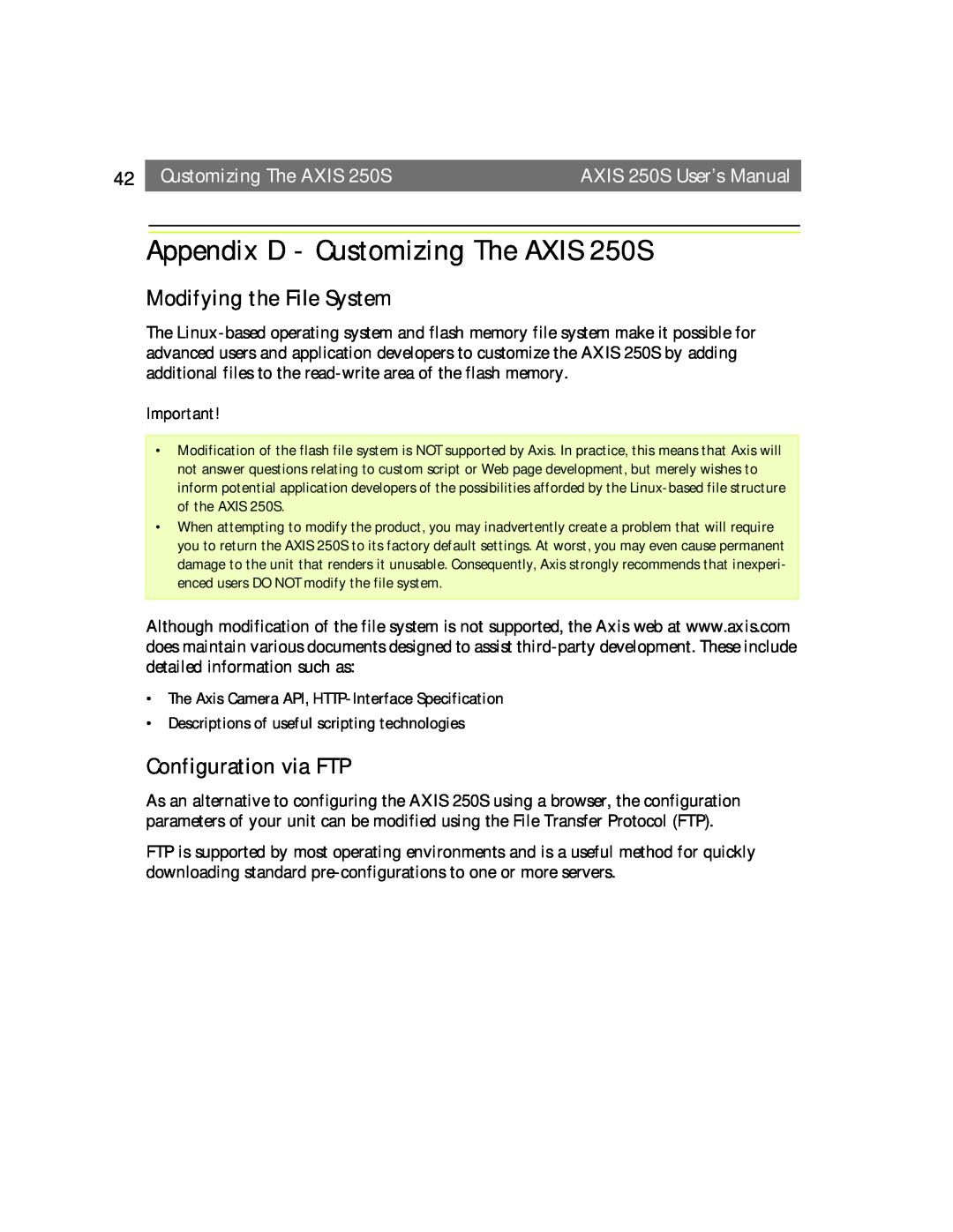 Axis Communications user manual Appendix D - Customizing The AXIS 250S, Modifying the File System, Configuration via FTP 