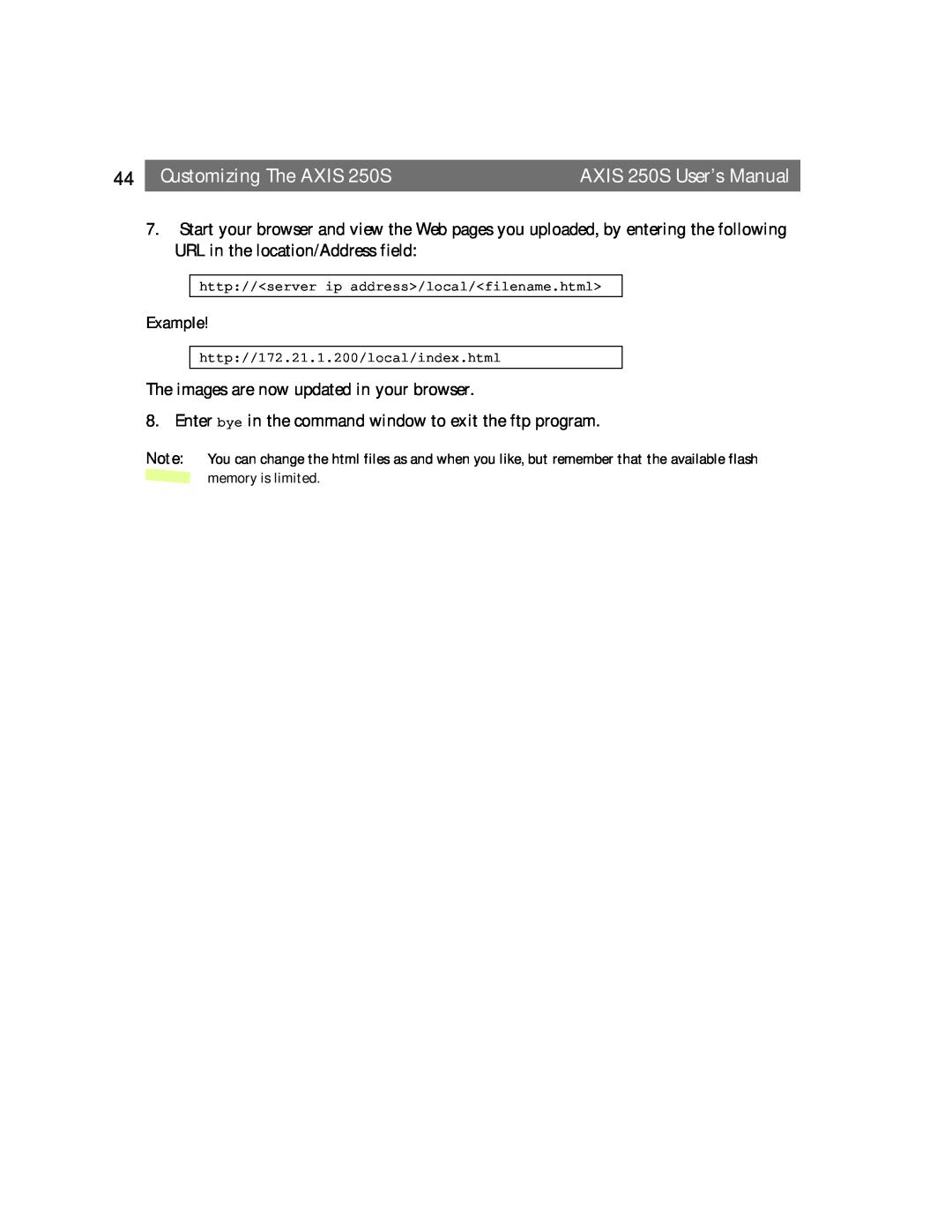 Axis Communications user manual Customizing The AXIS 250S, AXIS 250S User’s Manual, Example 