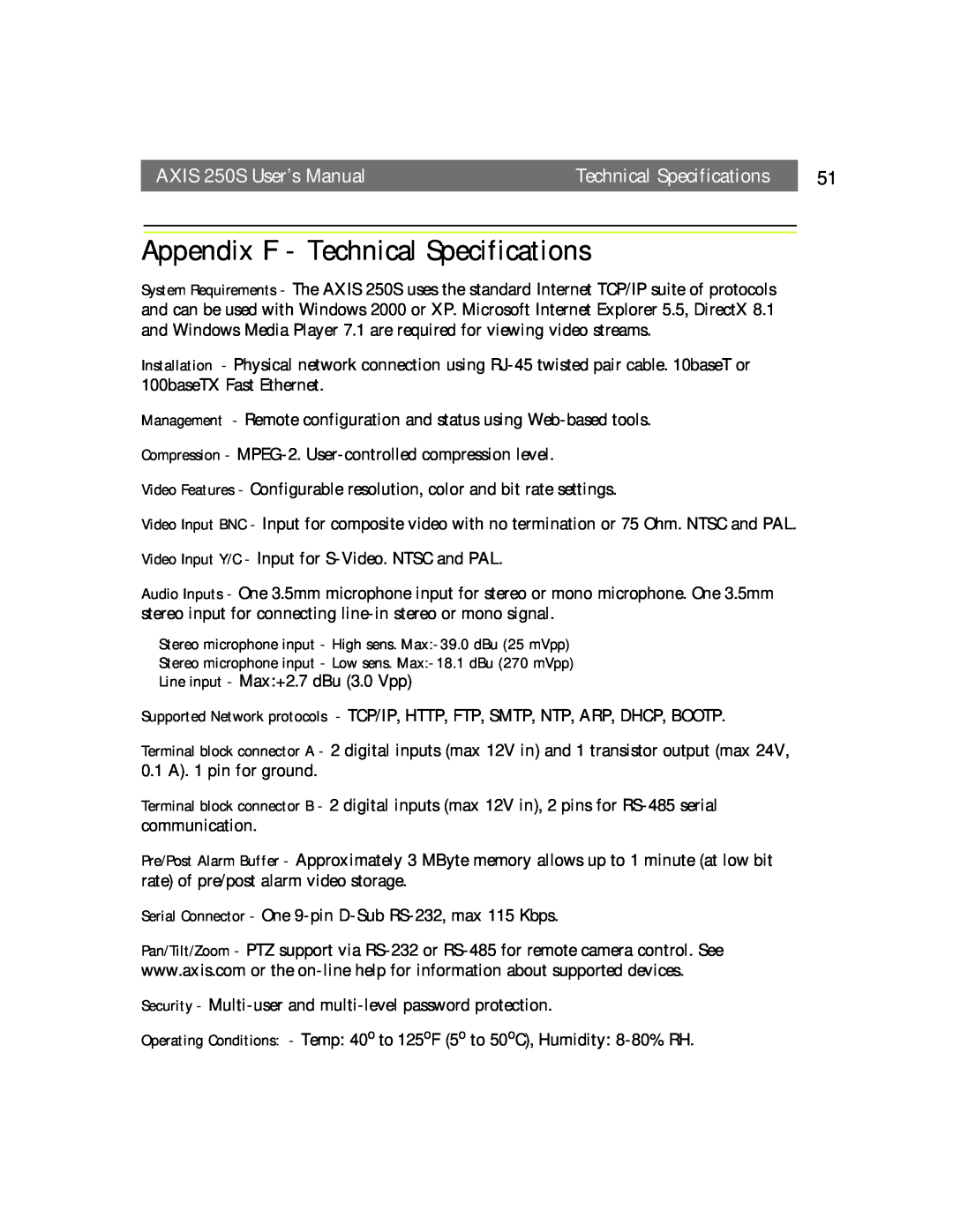 Axis Communications user manual Appendix F - Technical Specifications, AXIS 250S User’s Manual 