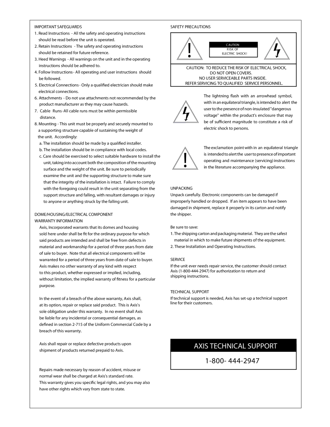 Axis Communications 25734 manual Axis Technical Support 