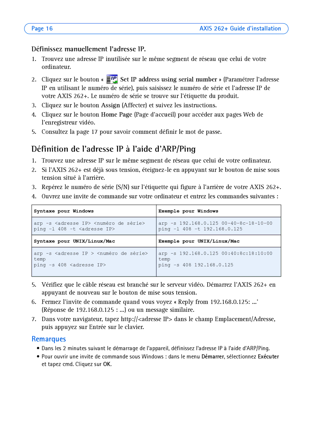 Axis Communications 262+ manual Définition de ladresse IP à laide dARP/Ping, Définissez manuellement ladresse IP 