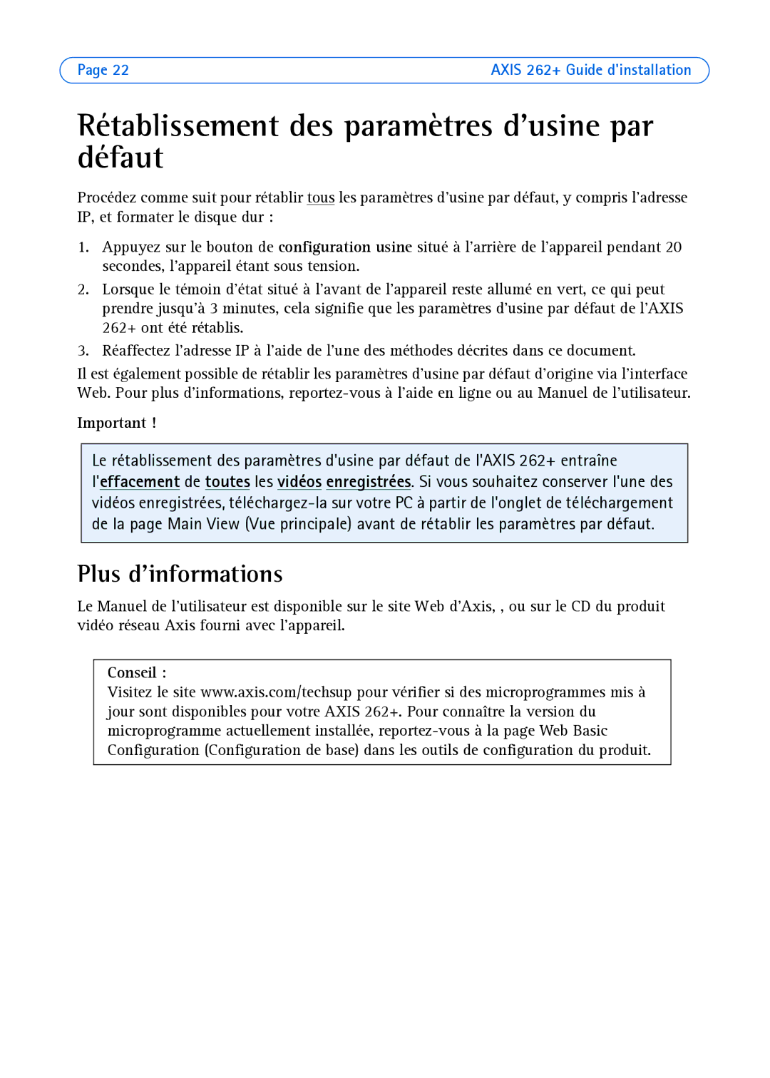 Axis Communications 262+ manual Rétablissement des paramètres dusine par défaut, Plus dinformations 