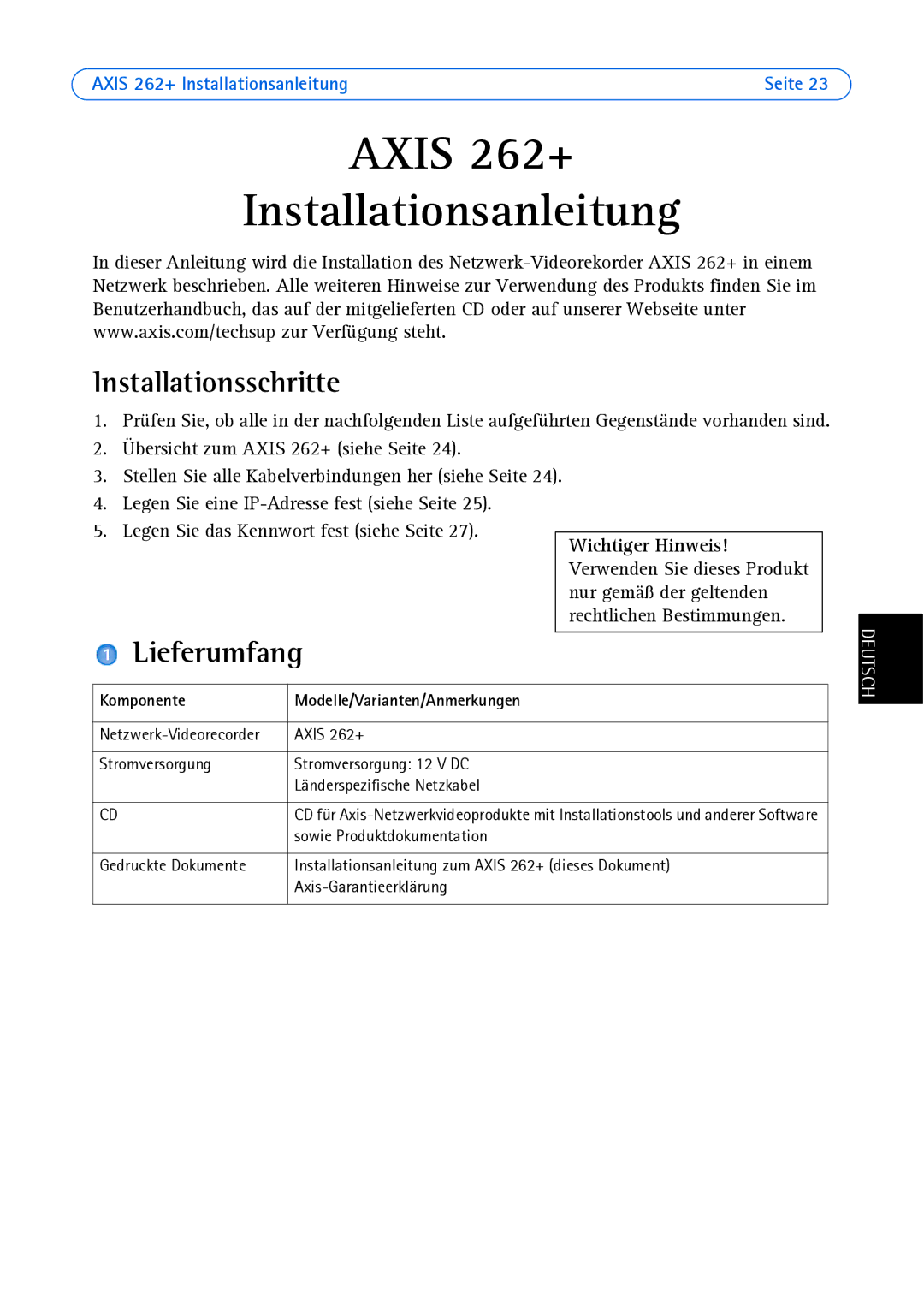 Axis Communications 262+ manual Installationsschritte, Lieferumfang, Komponente Modelle/Varianten/Anmerkungen 