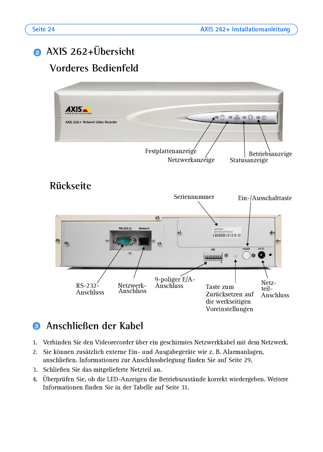 Axis Communications manual Axis 262+Übersicht Vorderes Bedienfeld, Rückseite, Anschließen der Kabel 