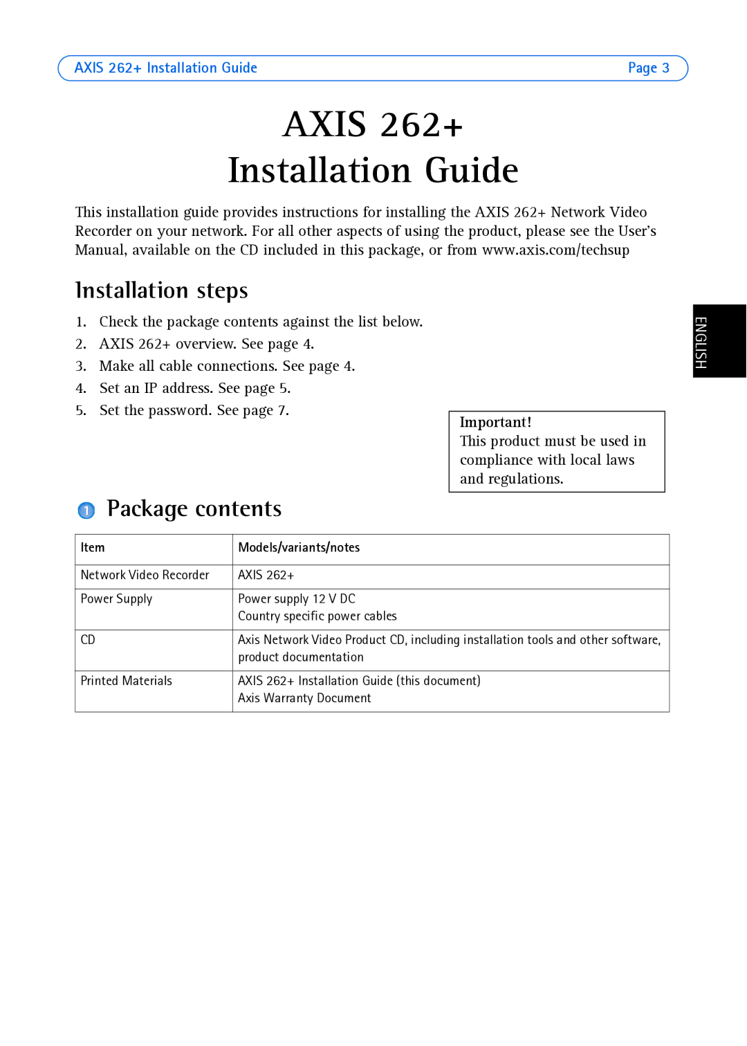 Axis Communications 262+ manual Installation steps, Package contents 