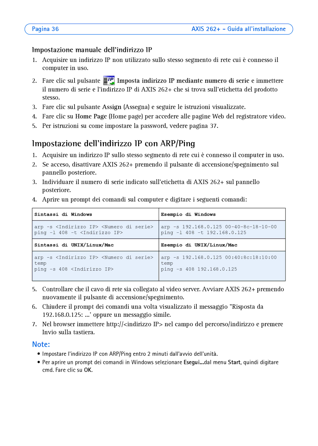 Axis Communications 262+ Impostazione dellindirizzo IP con ARP/Ping, Impostazione manuale dellindirizzo IP 