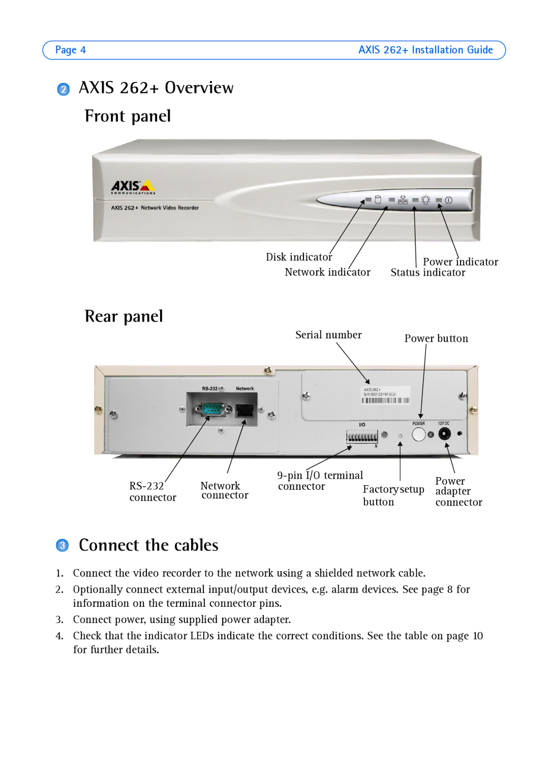 Axis Communications manual Axis 262+ Overview Front panel, Rear panel, Connect the cables 