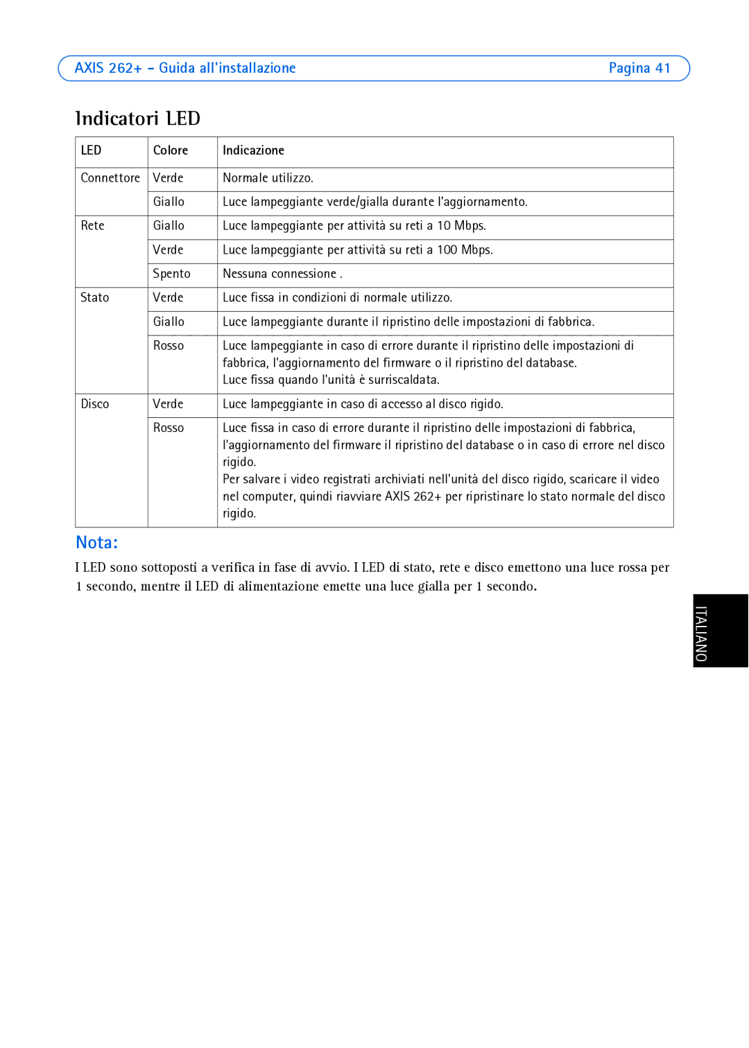 Axis Communications 262+ manual Indicatori LED, Colore Indicazione 