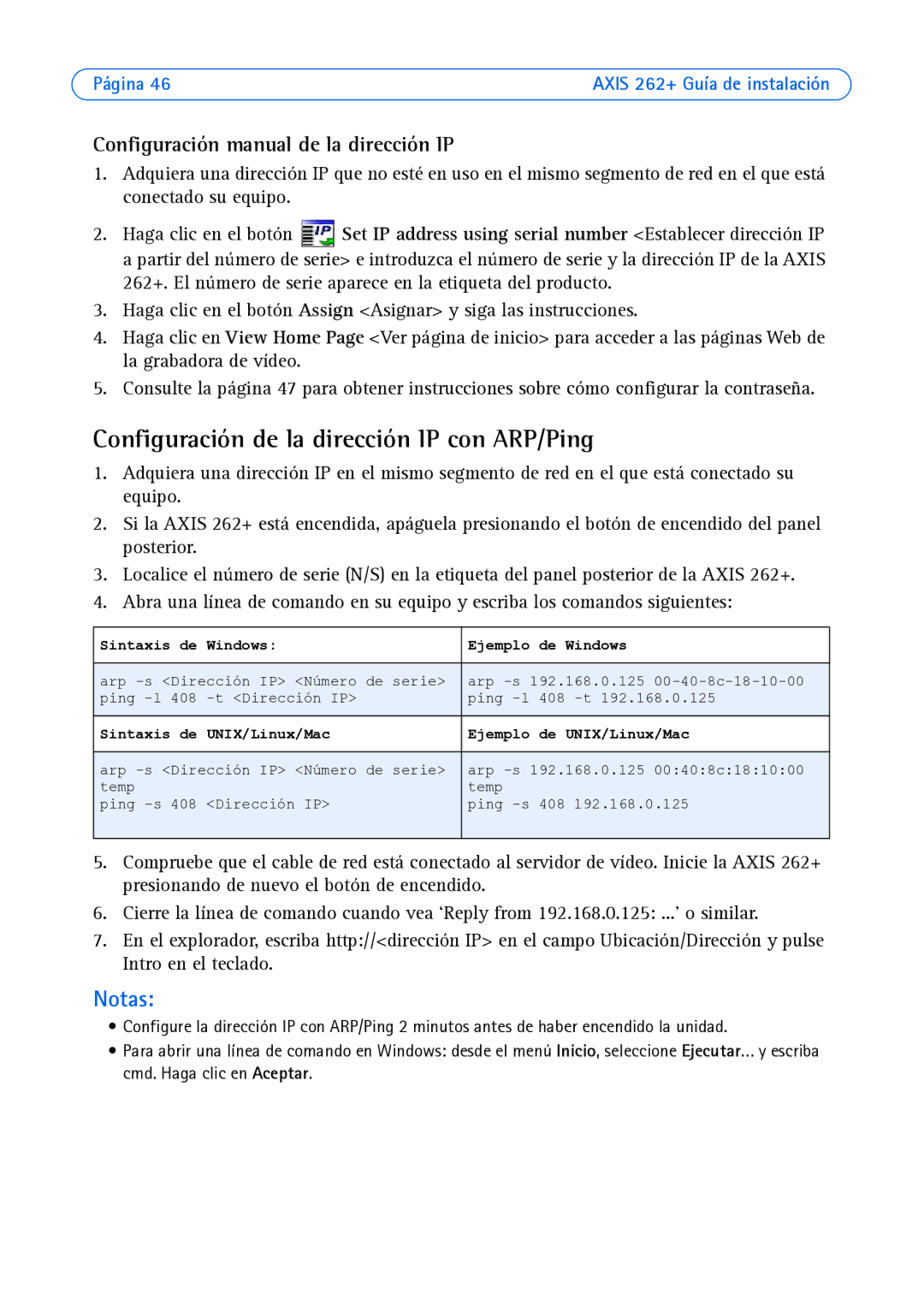 Axis Communications 262+ Configuración de la dirección IP con ARP/Ping, Configuración manual de la dirección IP 