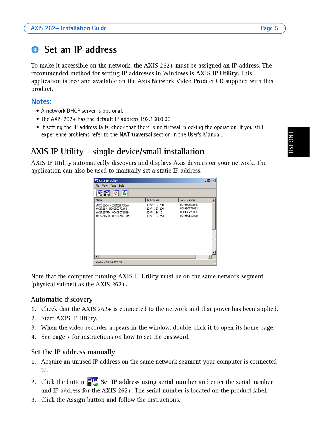 Axis Communications 262+ manual Set an IP address, Axis IP Utility single device/small installation, Automatic discovery 