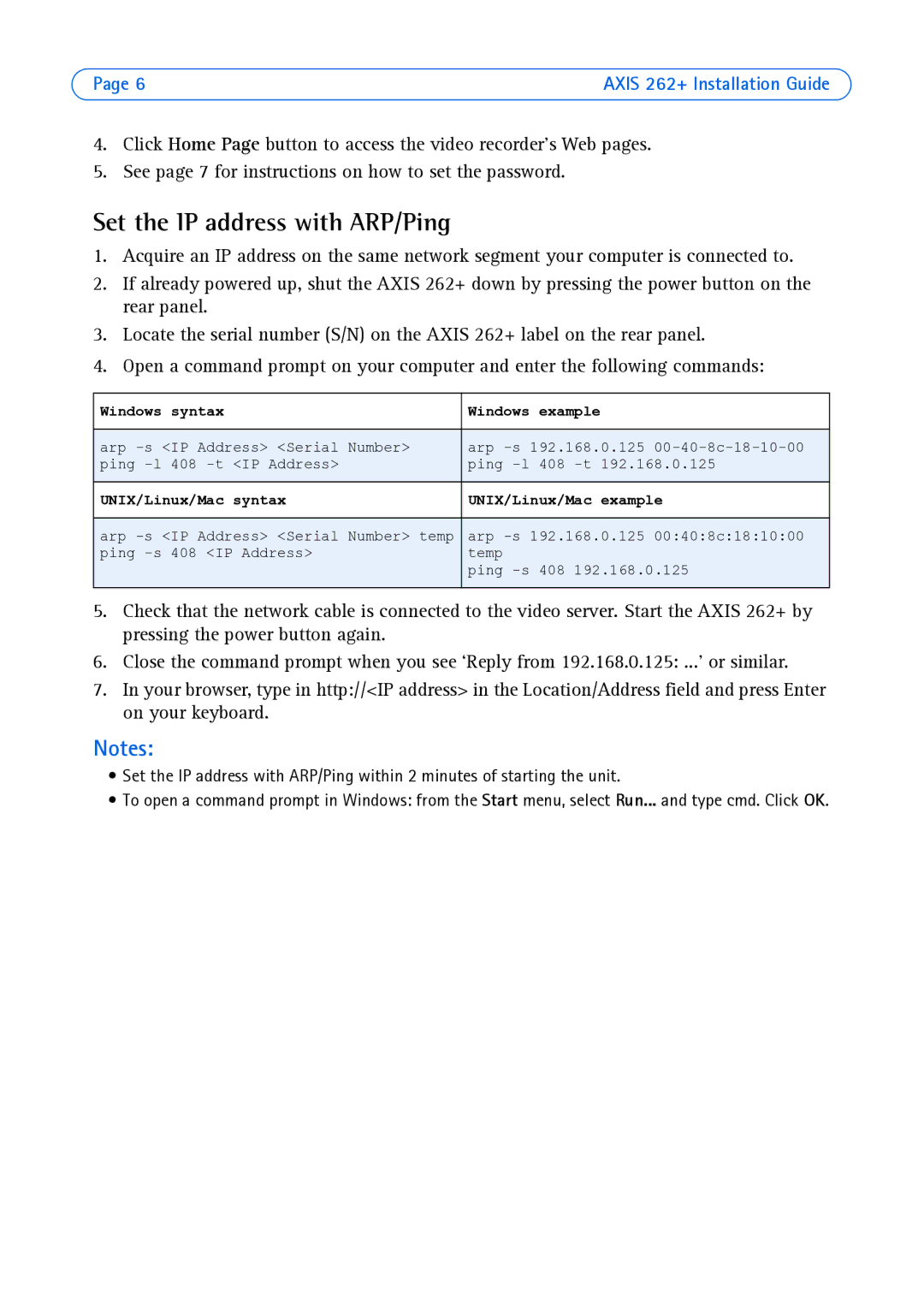 Axis Communications 262+ manual Set the IP address with ARP/Ping, Windows syntax Example 