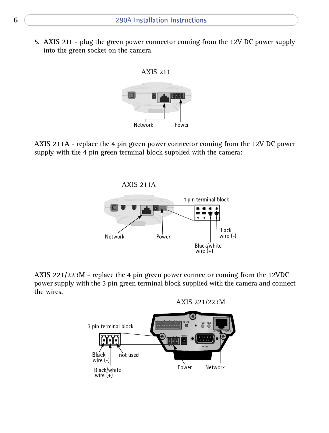 Axis Communications 290A installation instructions Axis 211A 