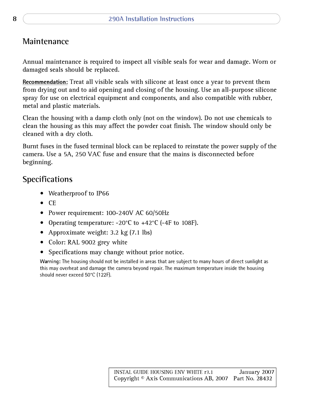 Axis Communications 290A installation instructions Maintenance, Specifications 