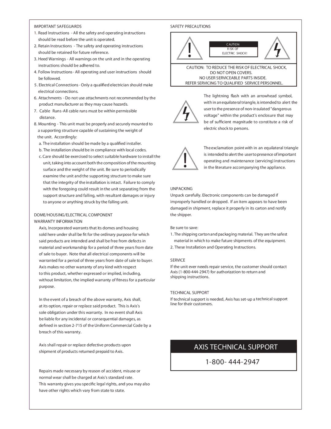 Axis Communications 29892, 24889 manual Axis Technical Support 