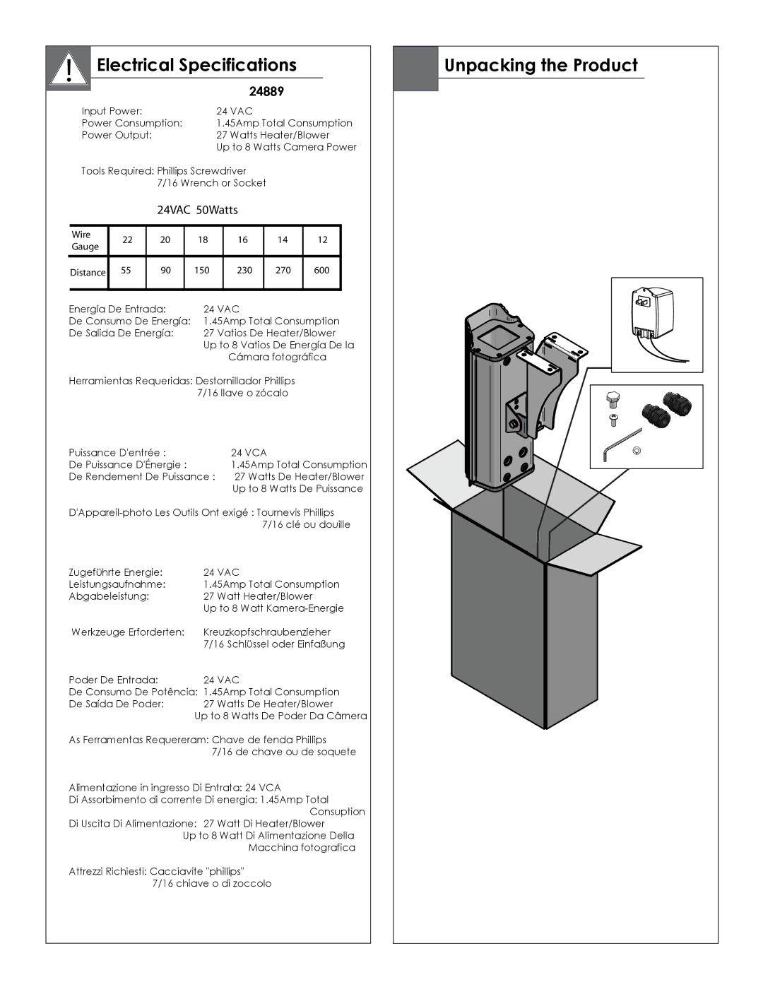 Axis Communications 24889, 29892 manual Electrical Specifications, 24VAC 50Watts 