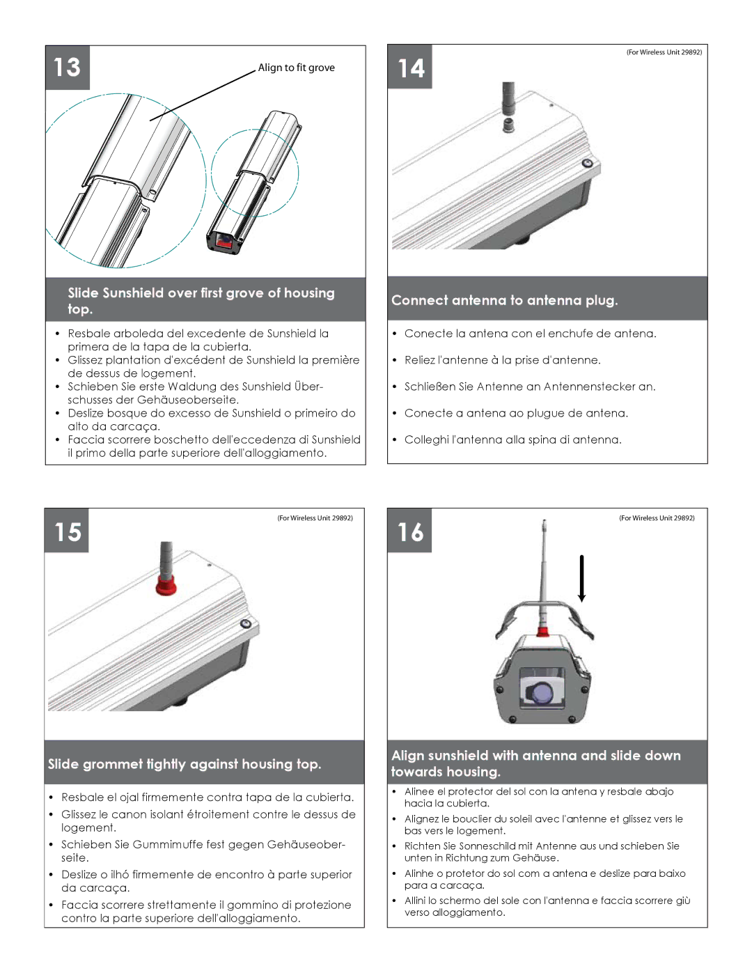 Axis Communications 24889, 29892 manual Slide Sunshield over first grove of housing top, Connect antenna to antenna plug 