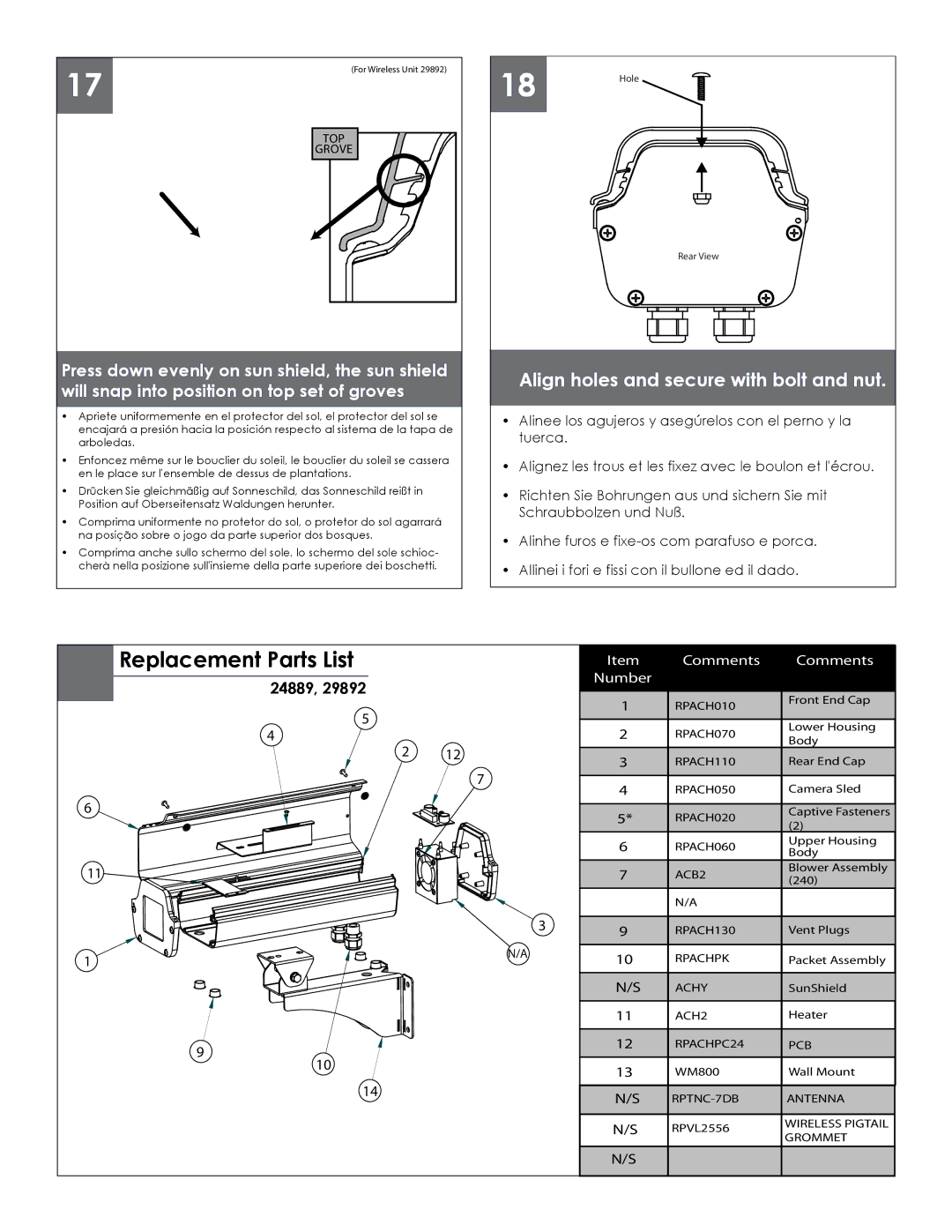 Axis Communications 29892, 24889 manual Replacement Parts List, Align holes and secure with bolt and nut 