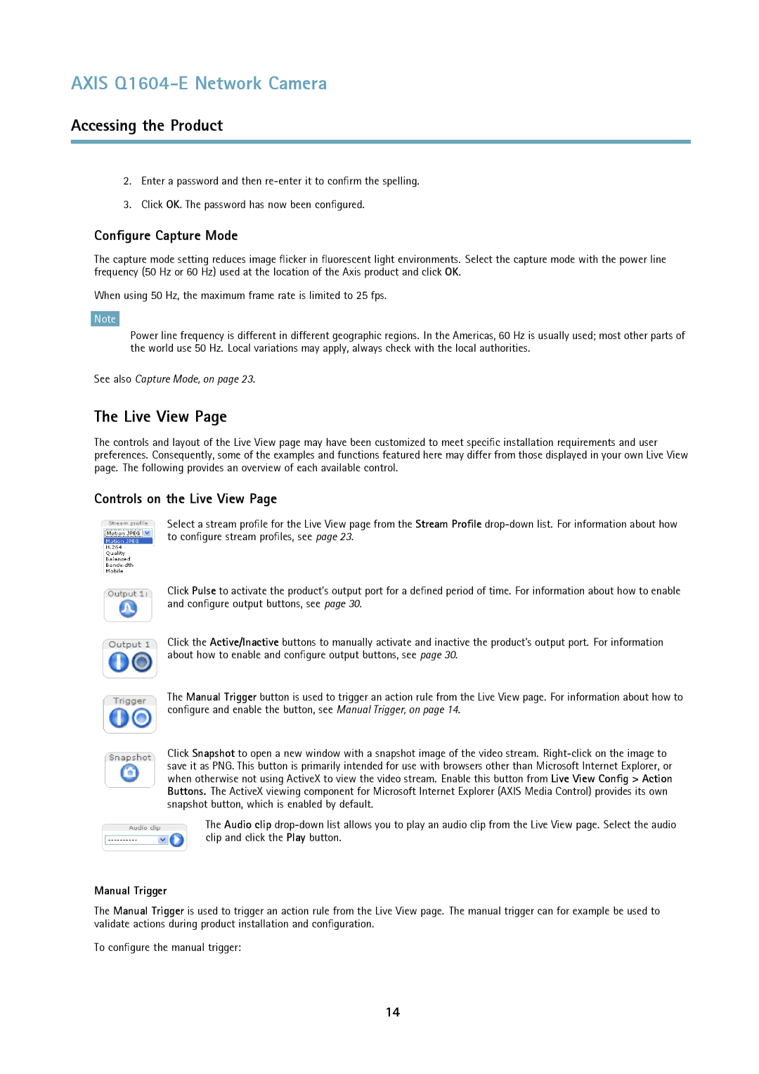 Axis Communications 463001 user manual Configure Capture Mode, Controls on the Live View, Manual Trigger 