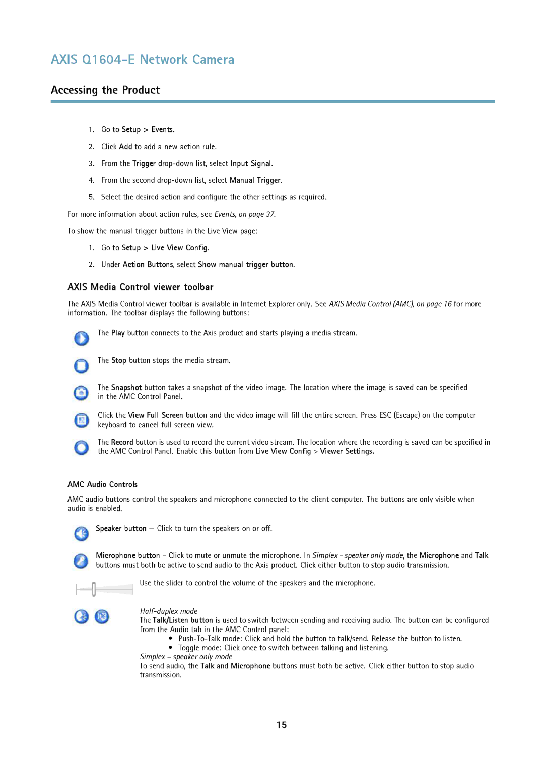 Axis Communications 463001 user manual Axis Media Control viewer toolbar, Go to Setup Events, AMC Audio Controls 