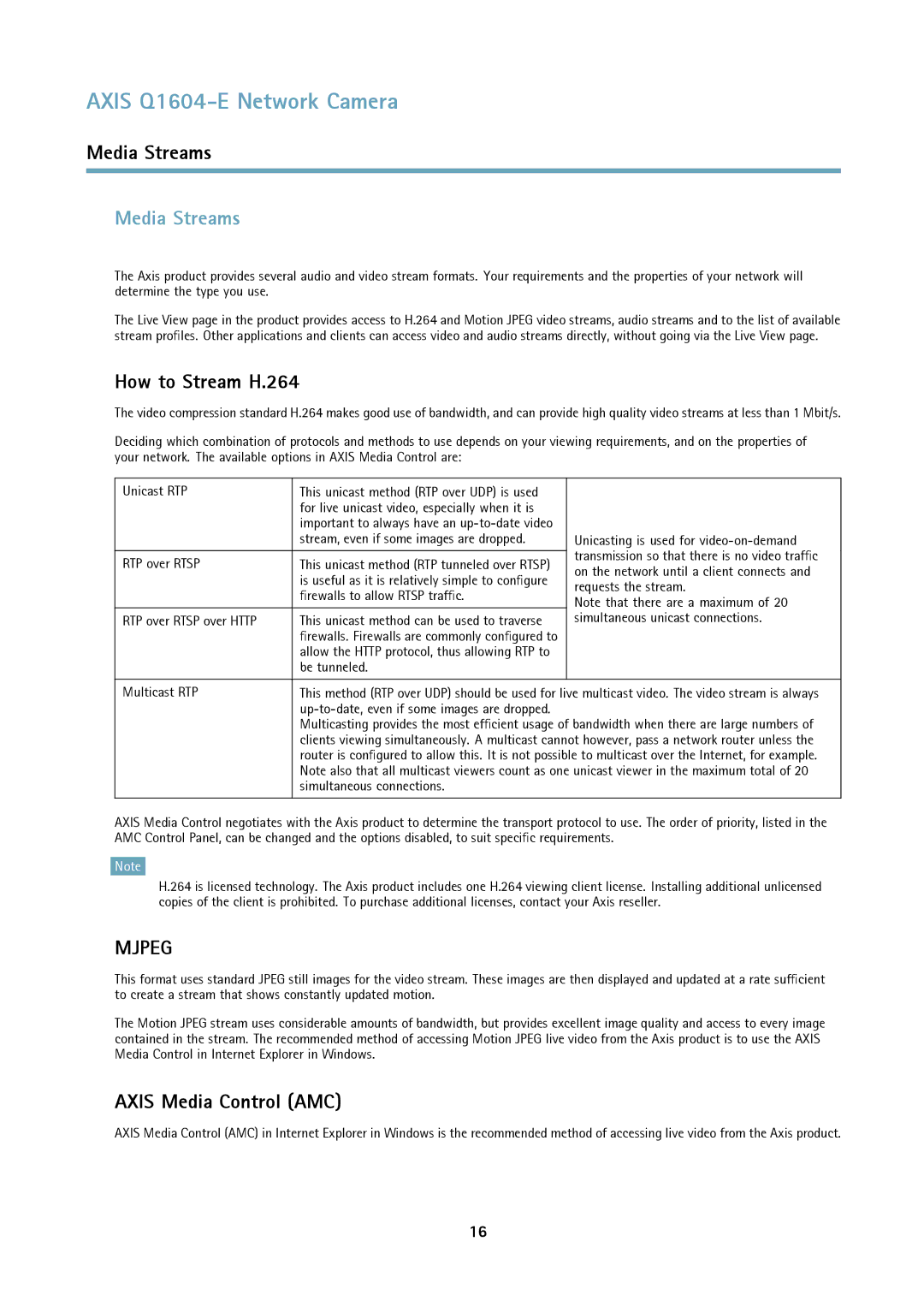 Axis Communications 463001 user manual Media Streams, How to Stream H.264, Axis Media Control AMC 