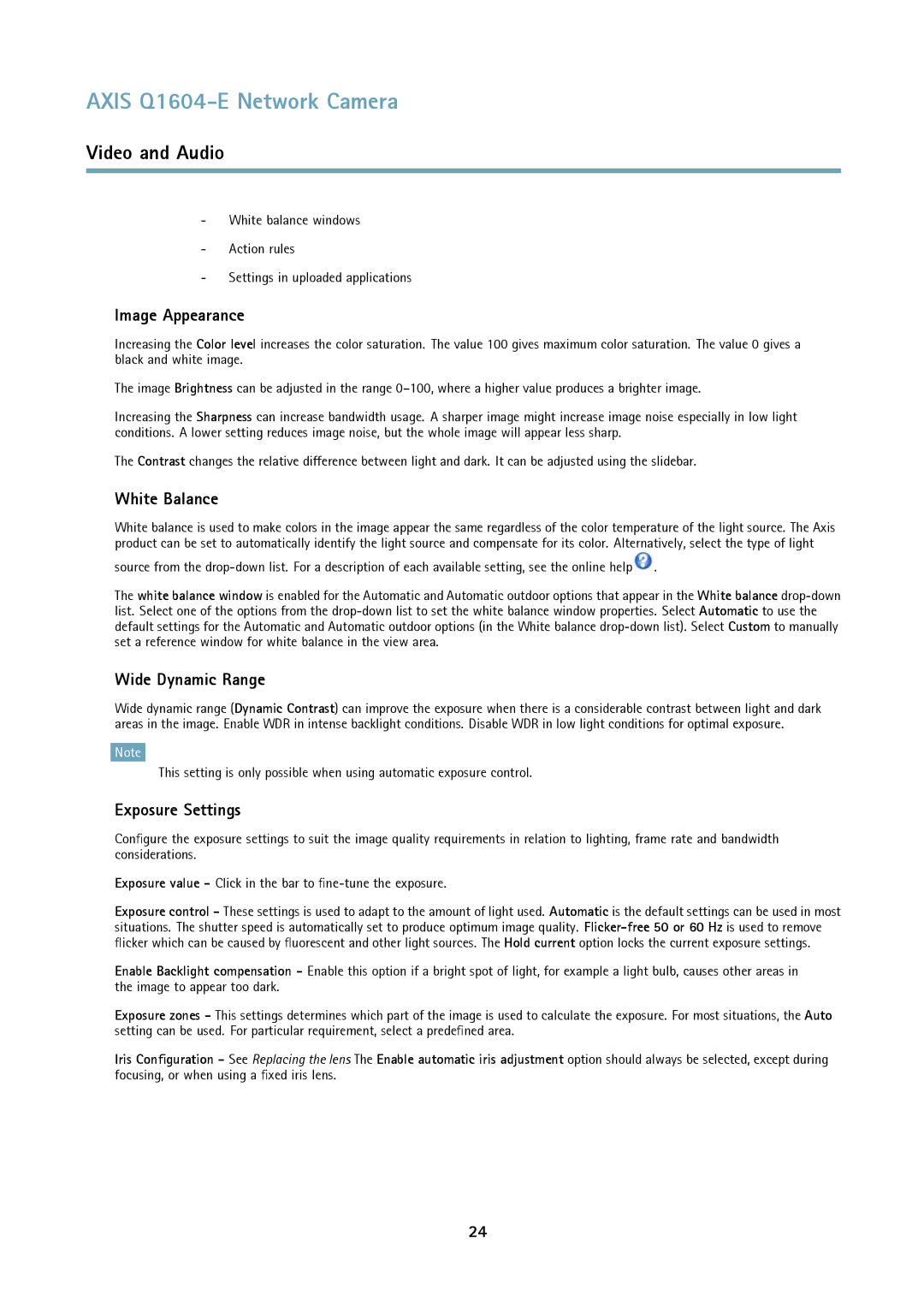 Axis Communications 463001 user manual Image Appearance, White Balance, Wide Dynamic Range, Exposure Settings 