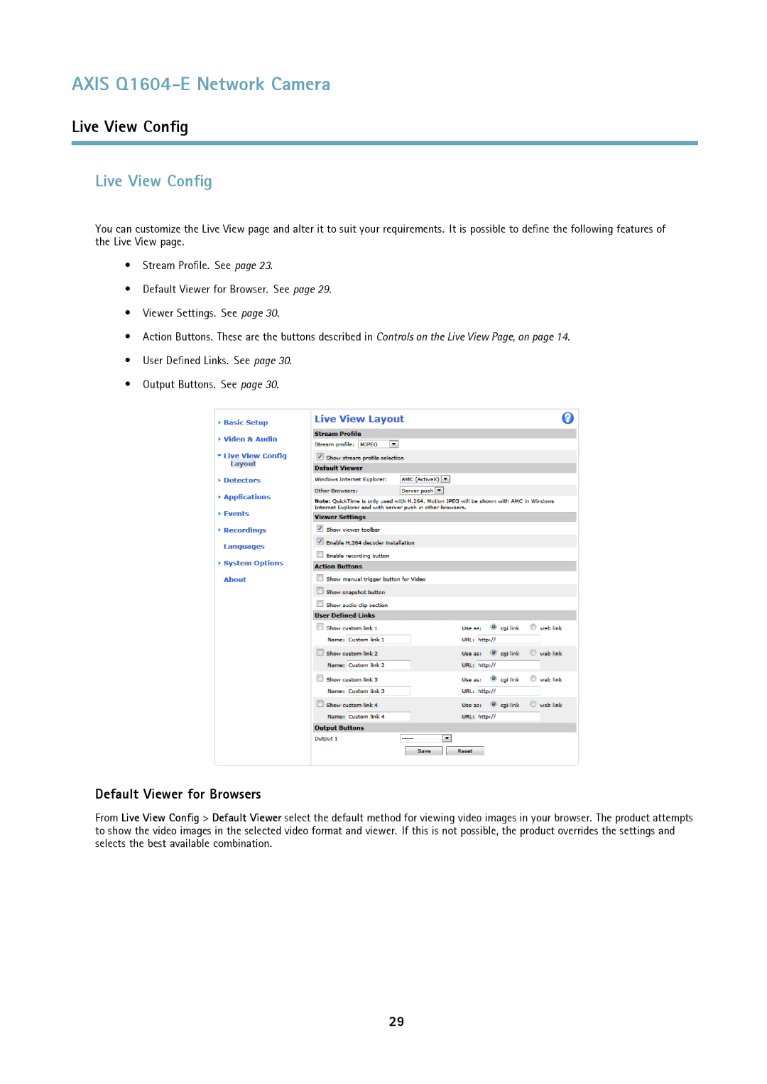 Axis Communications 463001 user manual Live View Config, Default Viewer for Browsers 