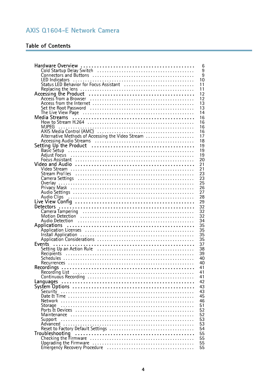 Axis Communications 463001 user manual Axis Q1604-E Network Camera, Table of Contents 