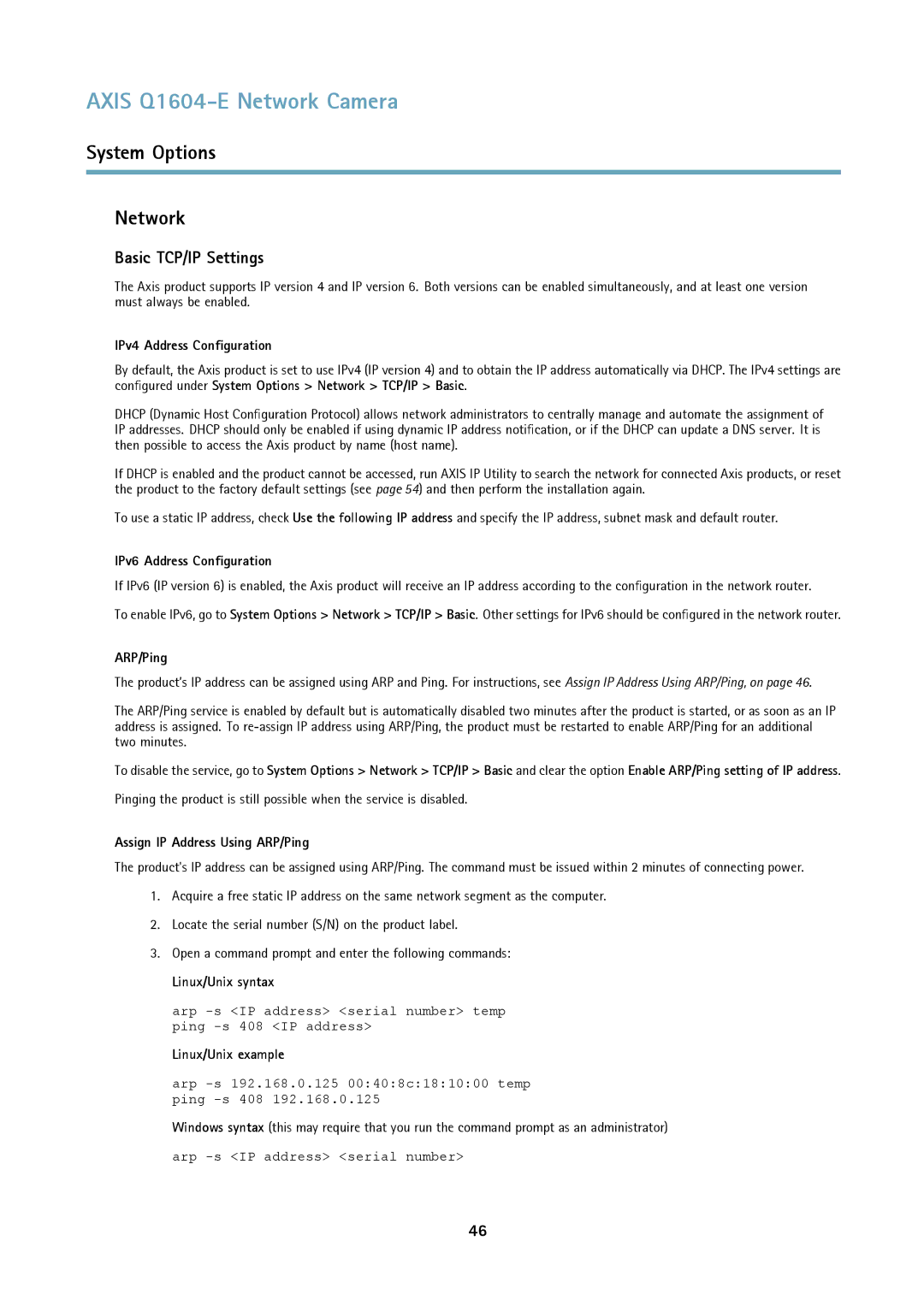 Axis Communications 463001 user manual System Options Network, Basic TCP/IP Settings 