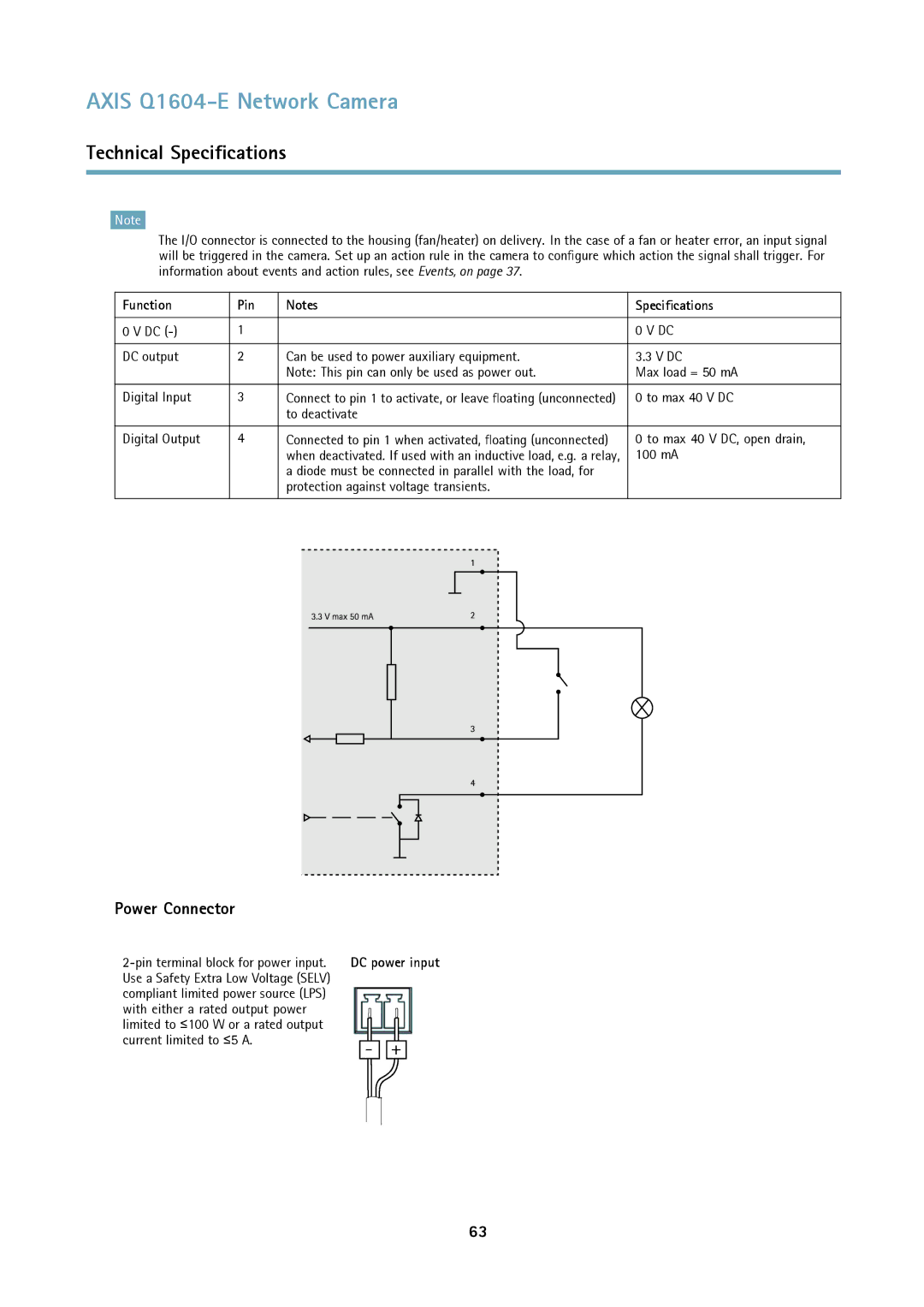 Axis Communications 463001 user manual Power Connector, Function Pin Specifications 