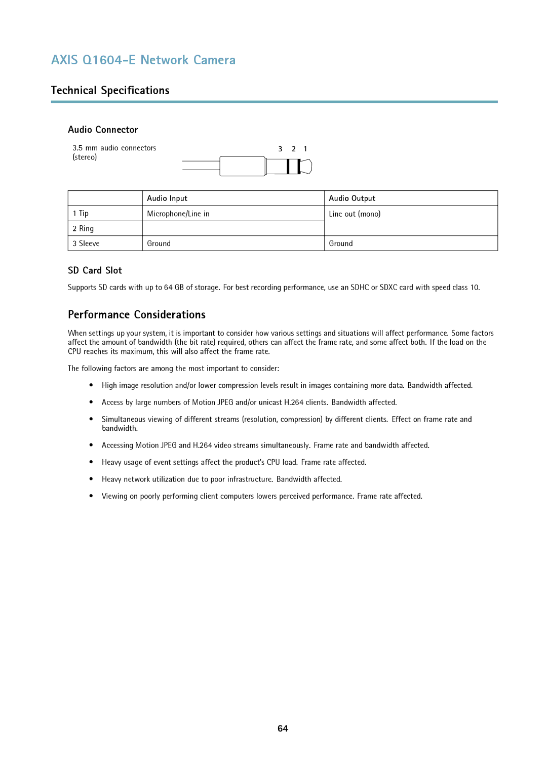 Axis Communications 463001 user manual Performance Considerations, Audio Input Audio Output 