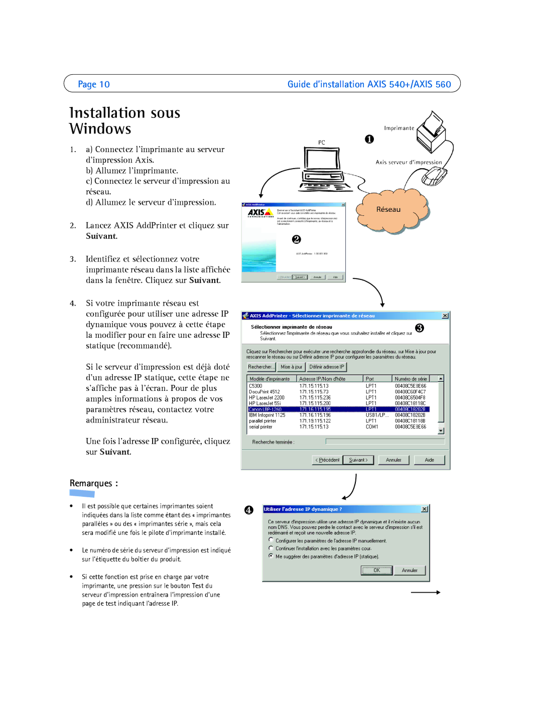 Axis Communications 540+, 560 manual Installation sous Windows, Remarques 