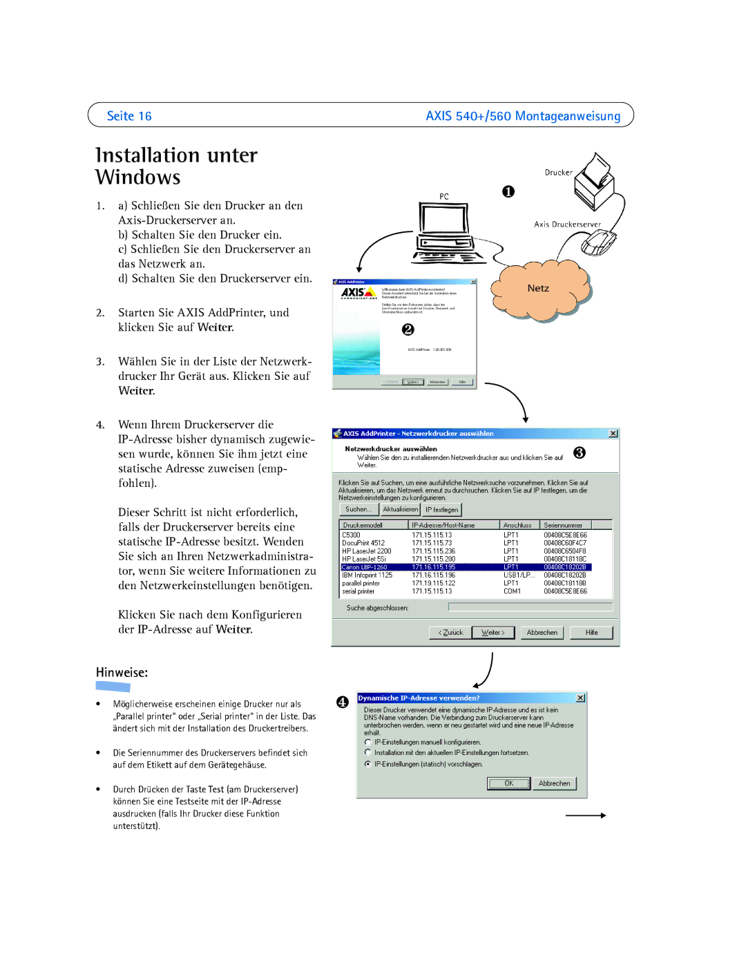 Axis Communications 540+, 560 manual Installation unter Windows, Hinweise 