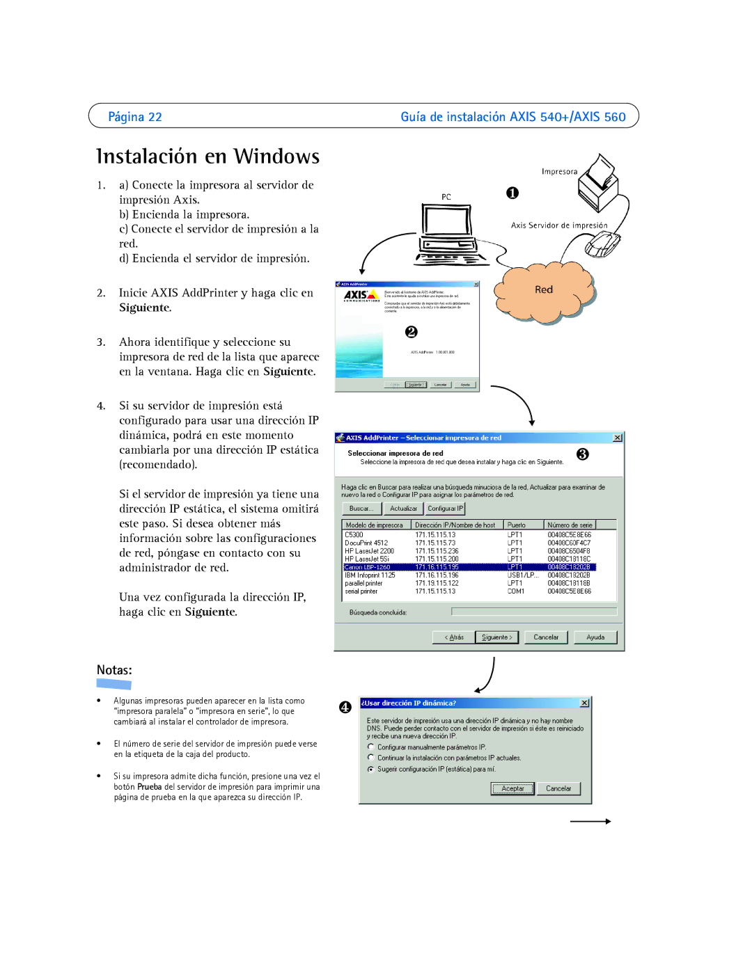 Axis Communications 540+, 560 manual Instalación en Windows, Notas 