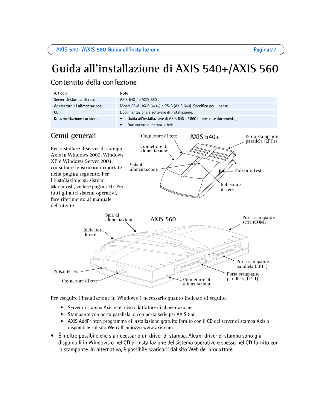 Axis Communications 560, 540+ manual Contenuto della confezione, Cenni generali, Articolo Server di stampa di rete 